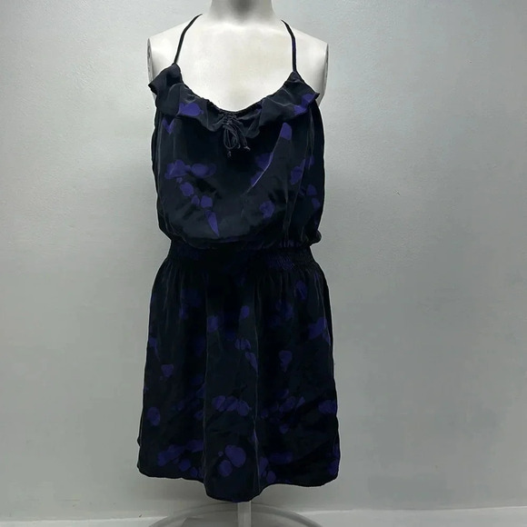 Parker Mini Dress Pure Silk Ruffle Racerback Polka Dot Black Purple Size Medium - Picture 1 of 10